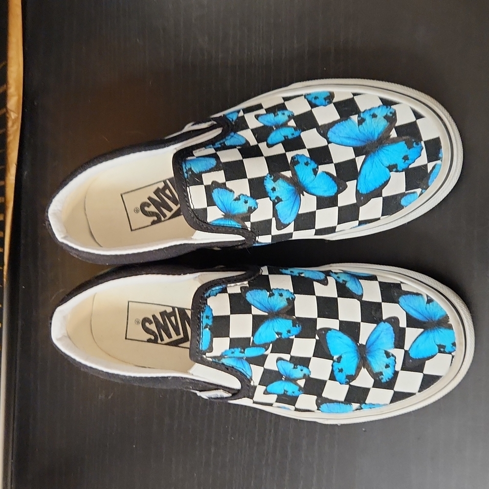 🦋 Vans Canvas with black & white checkerboard pattern and blue butterflies